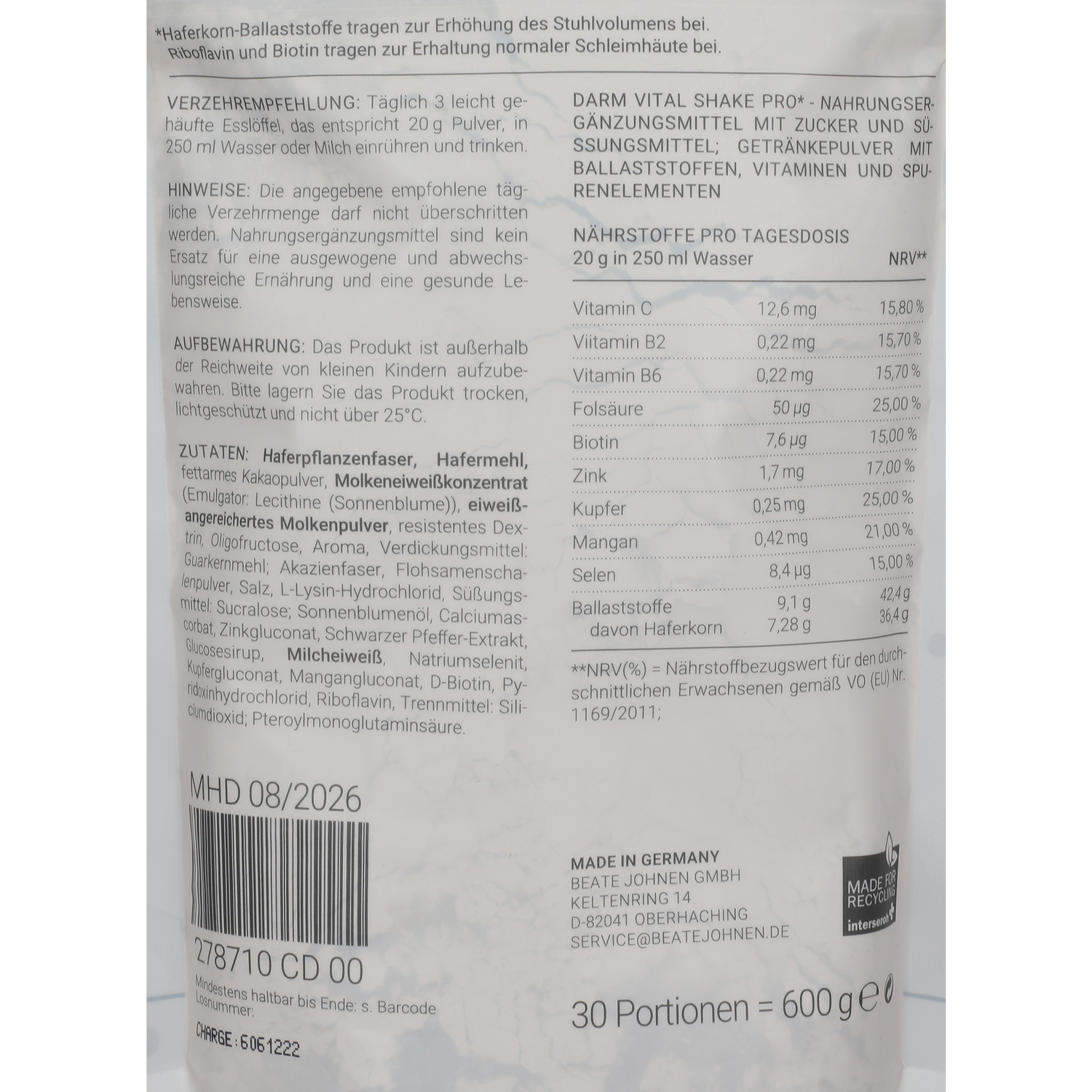 Beate Johnen Darm Vital Shake Pro Schoko 278710