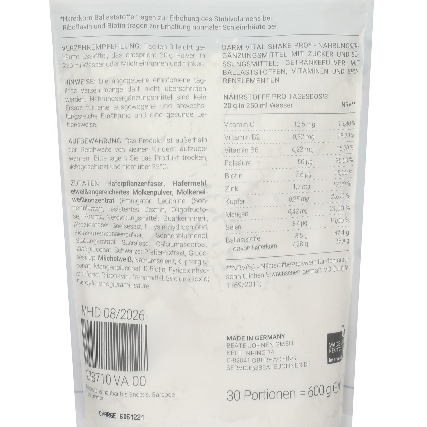 Beate Johnen Darm Vital Shake Pro Vanille 278710